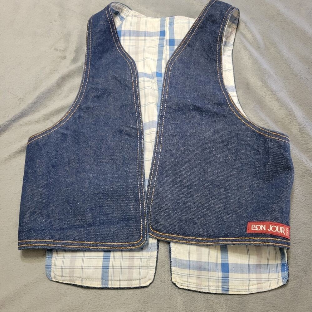 Vintage Jean Vest Boys‎ Medium Blue Plaid Lined High Low Open Front Slit Jacket